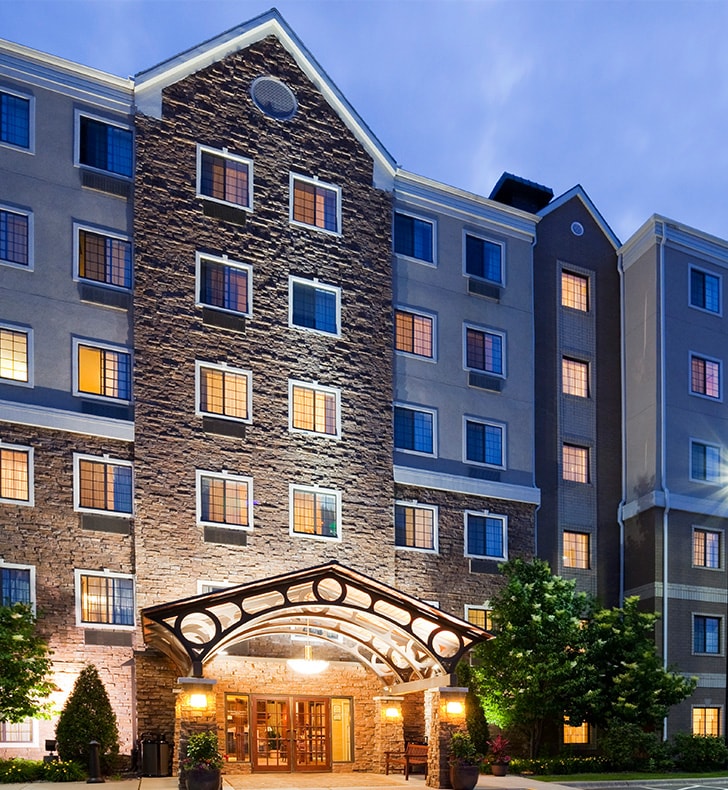 Staybridge Suites Bloomington exterior at night